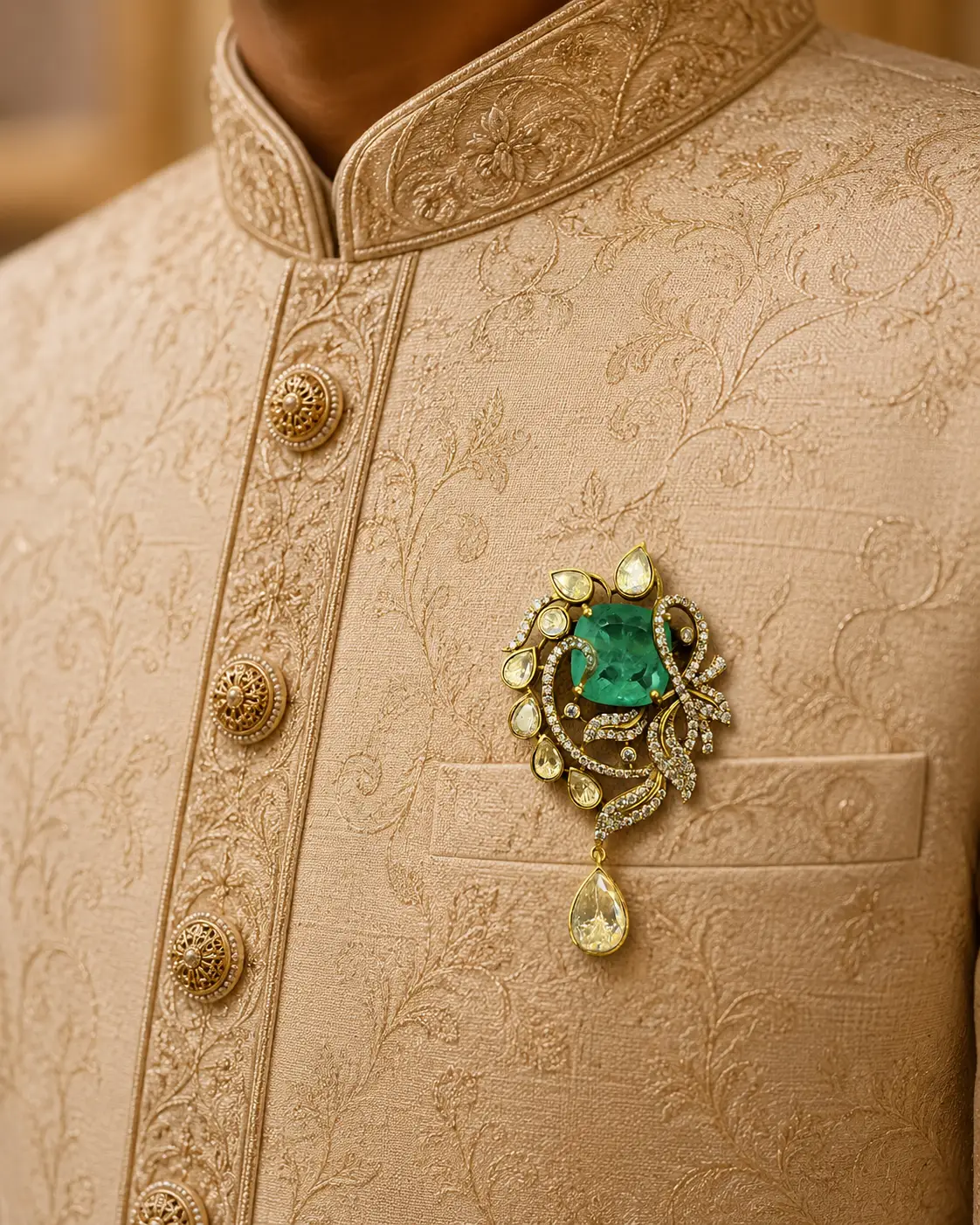 Emerald Kundan Groom Brooch