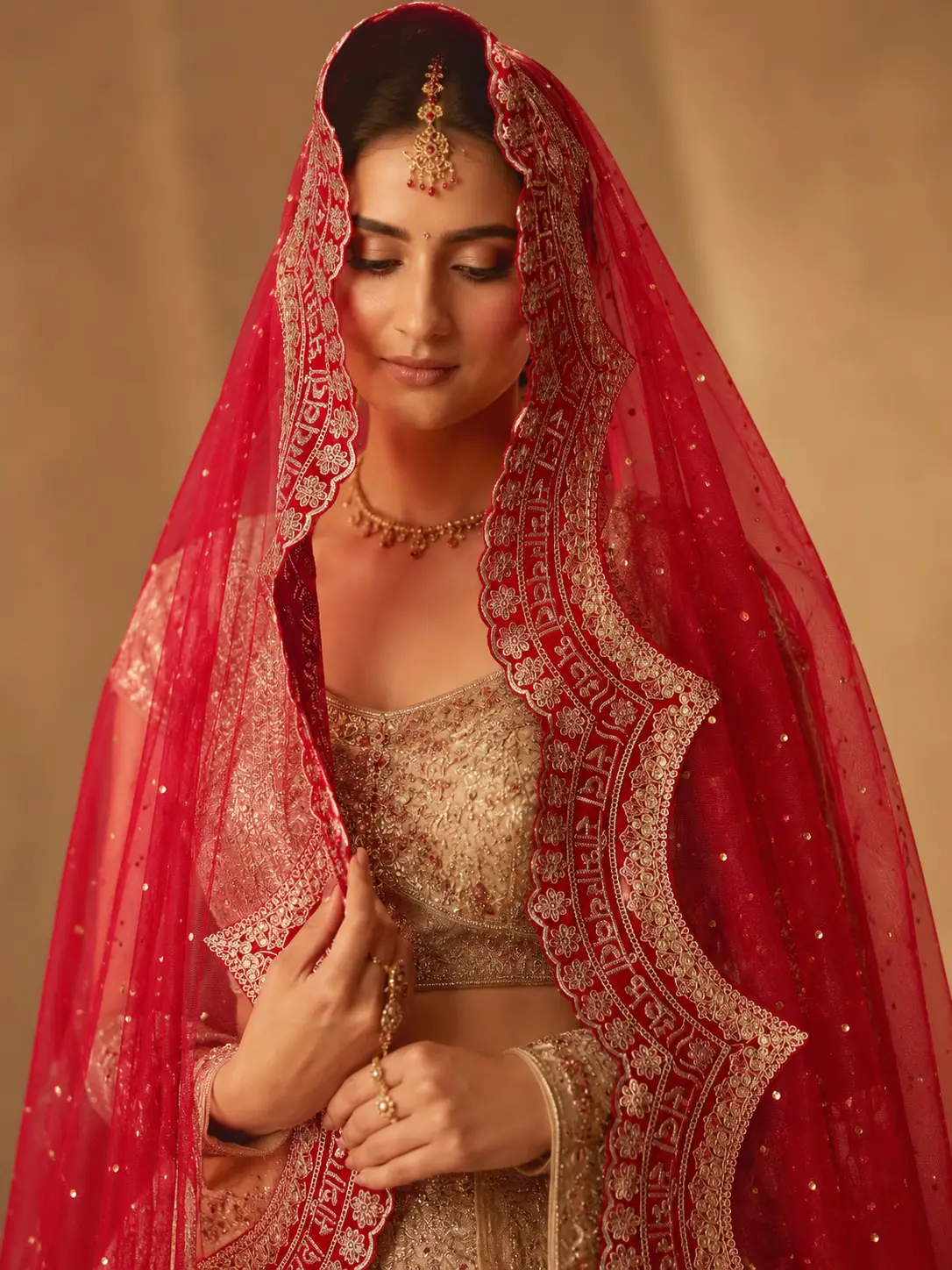 Shubh Labh Red Bridal Net Dupatta