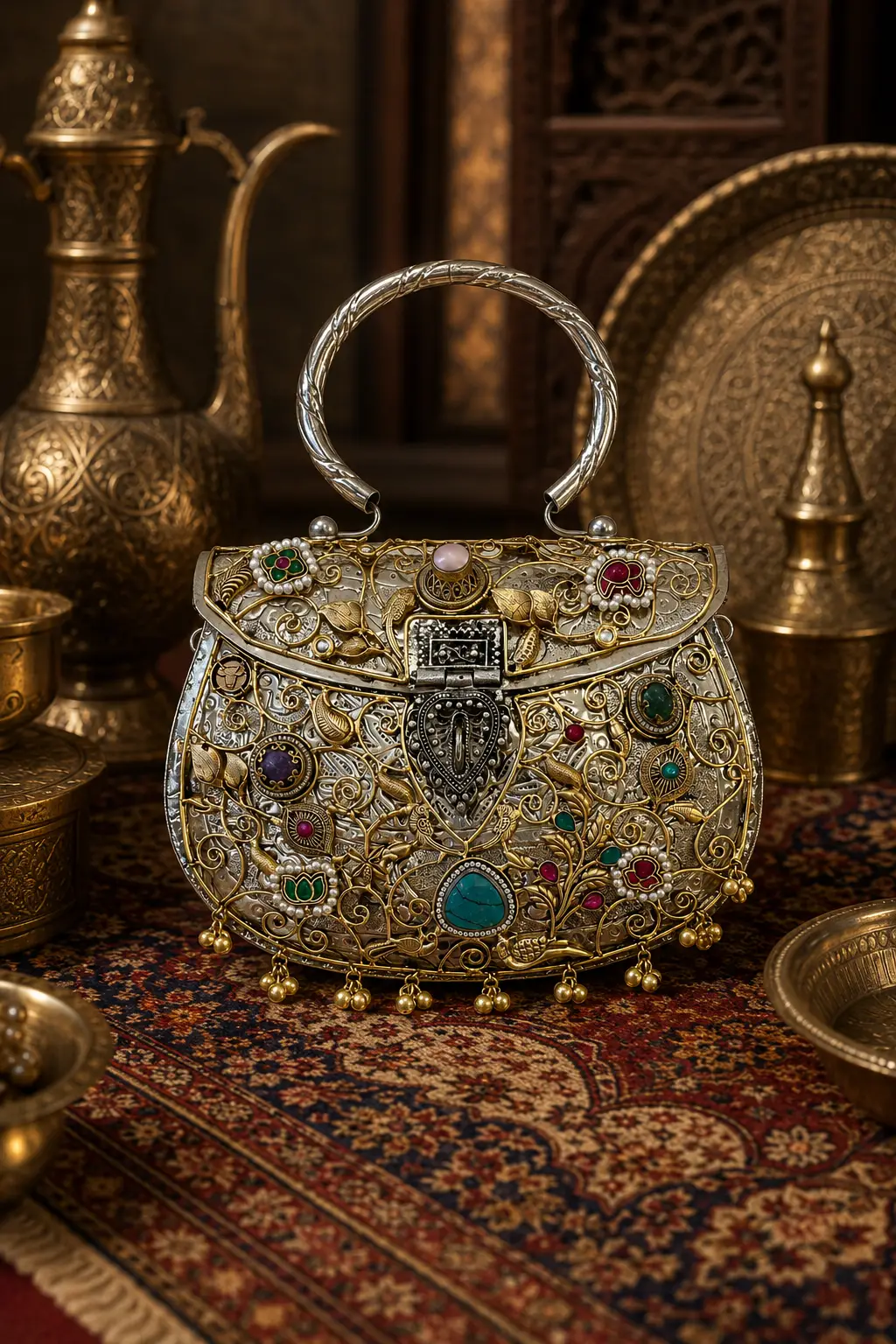 Pachi Kundan Silver Bridal Handbag