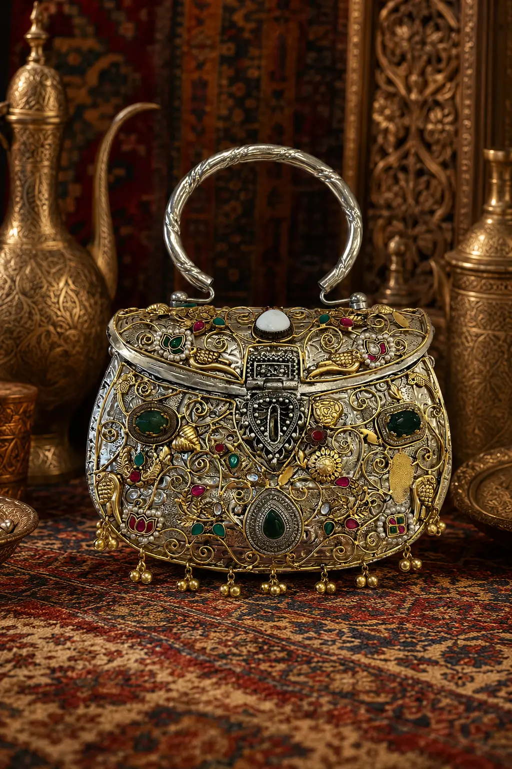 Pachi Kundan Silver Plated Bridal Handbag