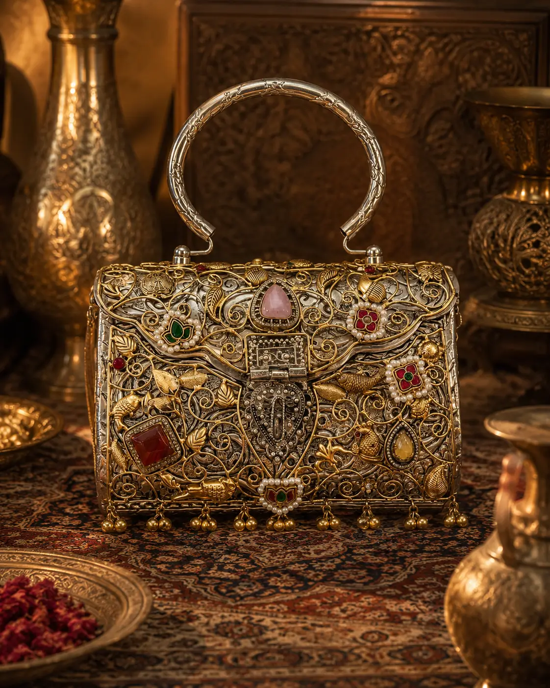 Silver Plated Pachi Kundan Bridal Handbag