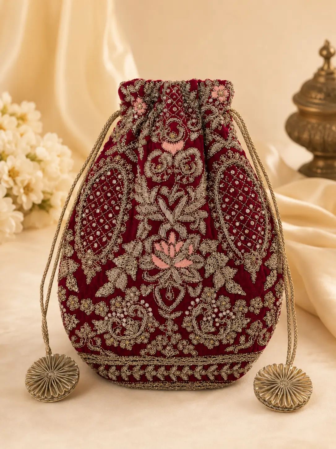Crimson Lotus Zardozi Potli