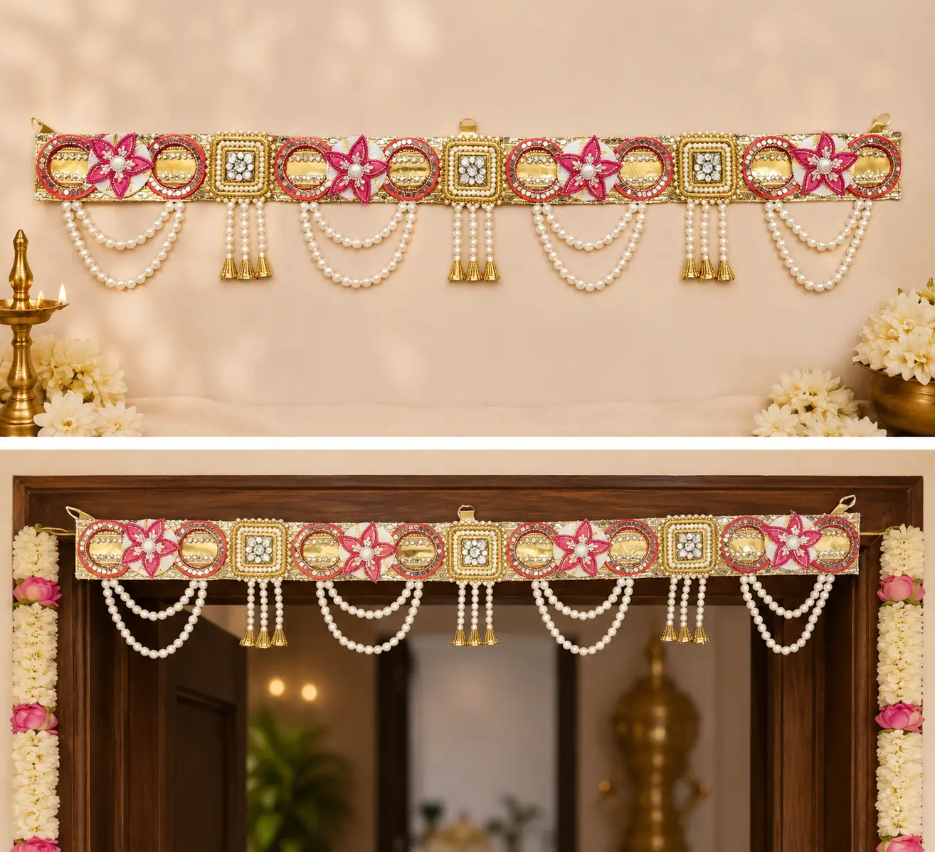 Pink Floral Mirror & Pearl Door Toran