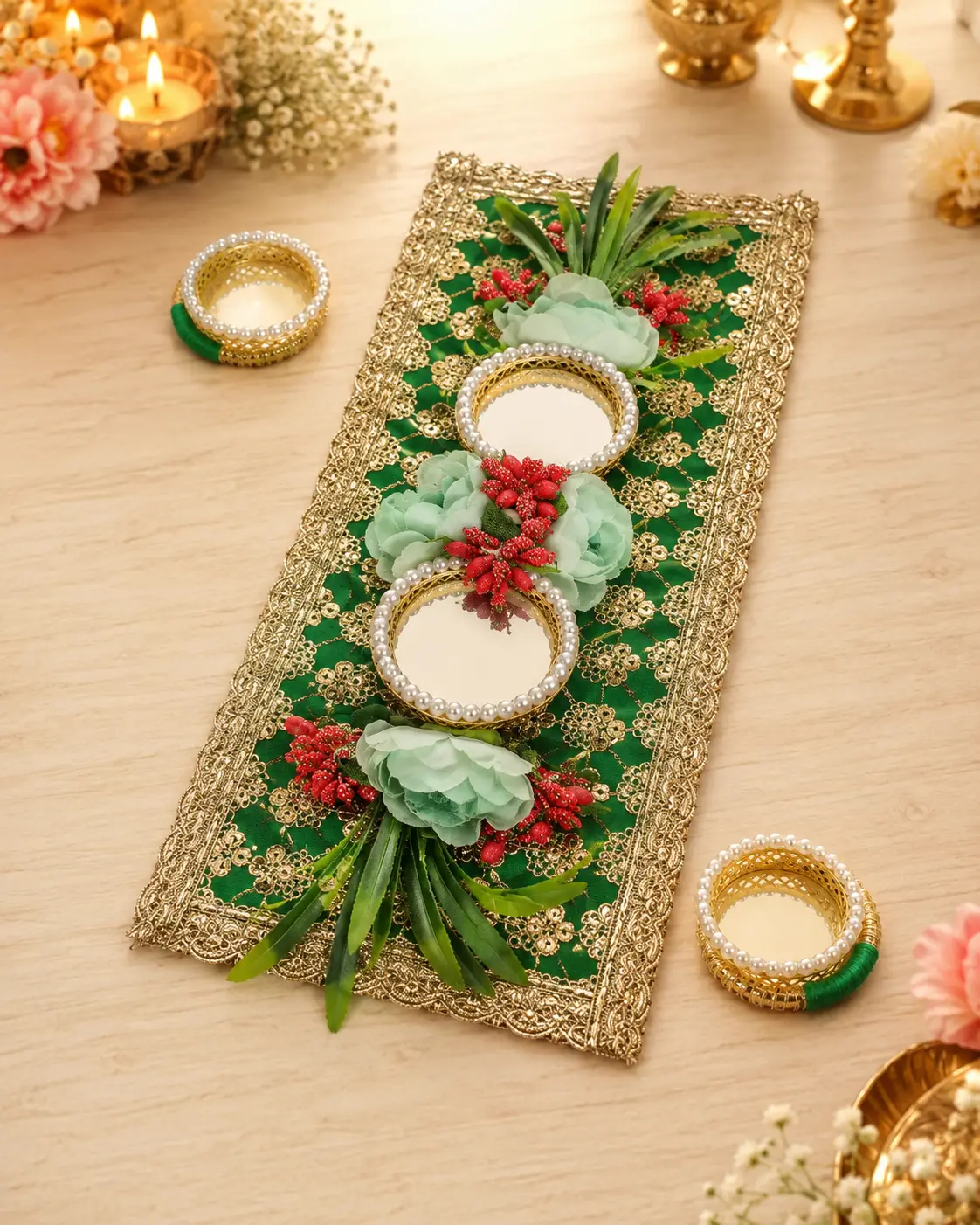 Emerald Floral Mirror Table Runner