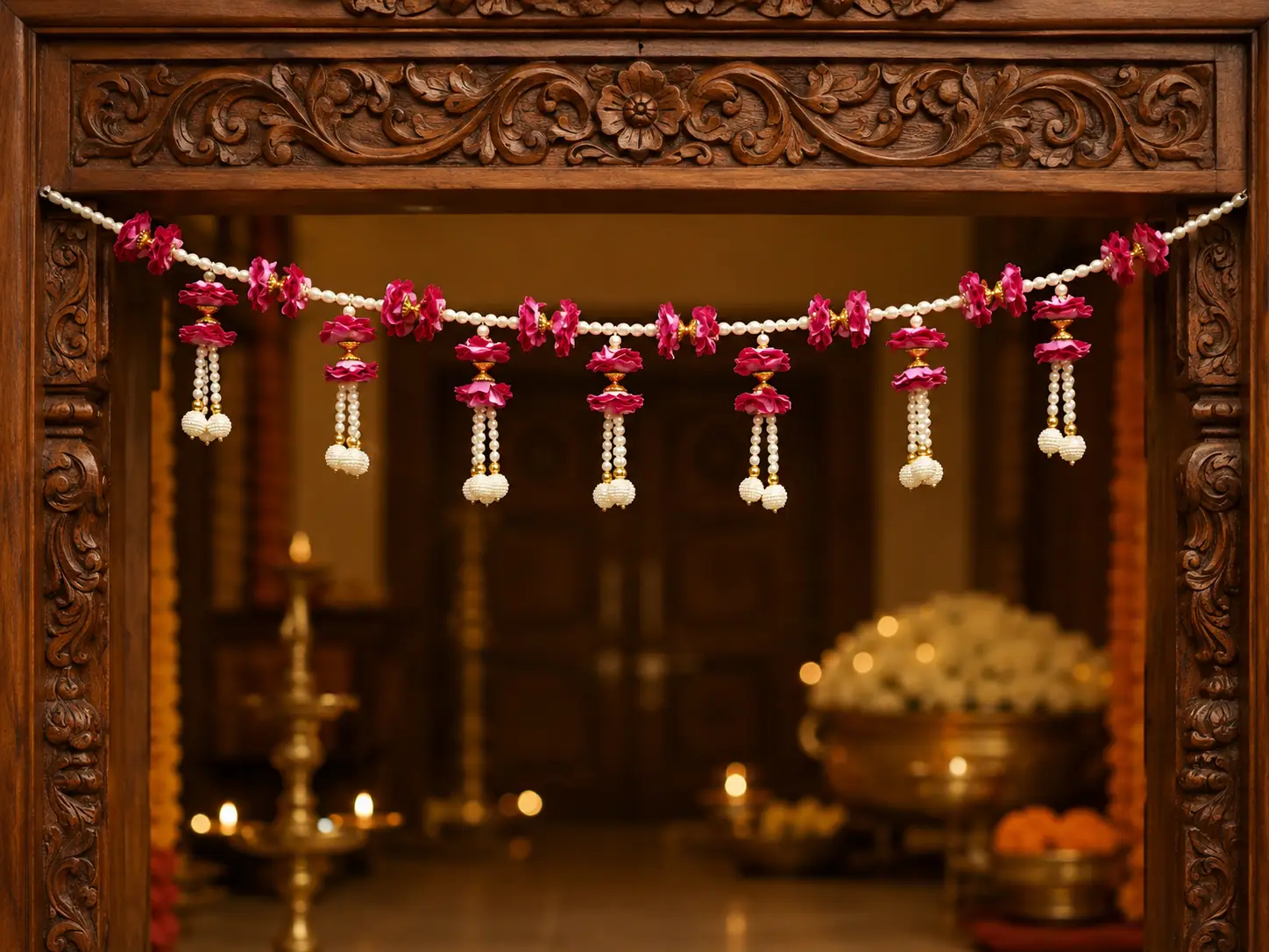 Magenta Floral Pearl Door Toran