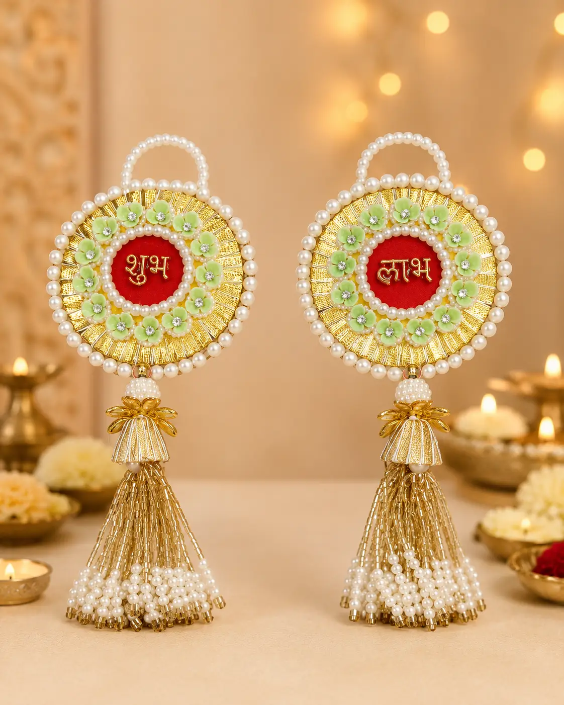 Mint Floral Shubh Labh Tassel Hangings