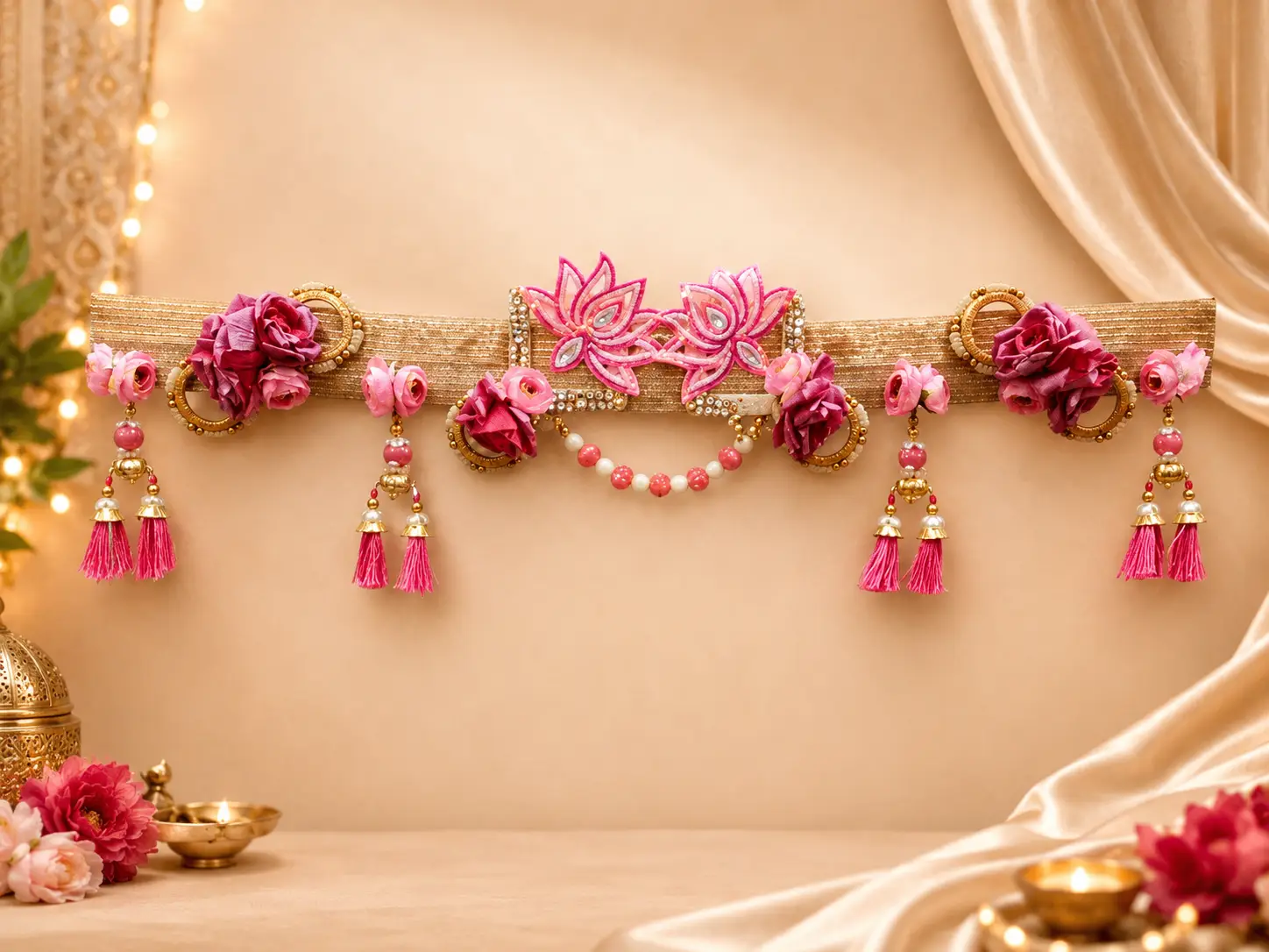 Pink Lotus Floral Tassel Toran