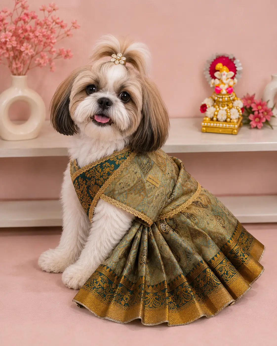 Green Banarsi Saree For Dogs & Cats