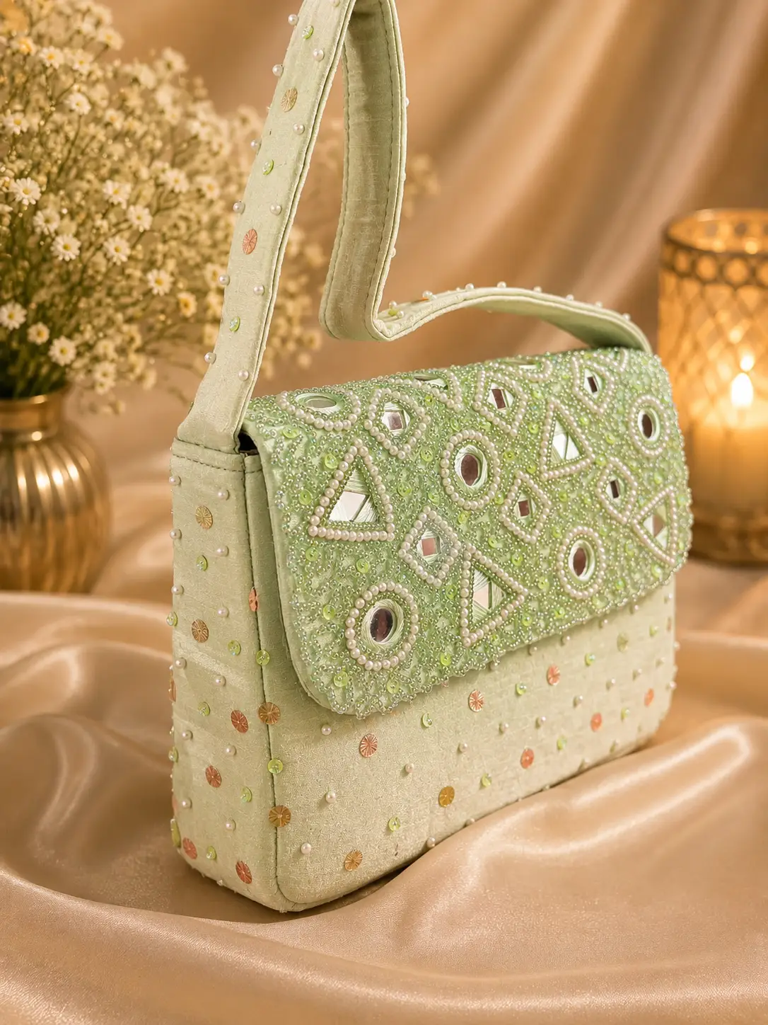 Mint Mirror Pearl Embellished Handbag