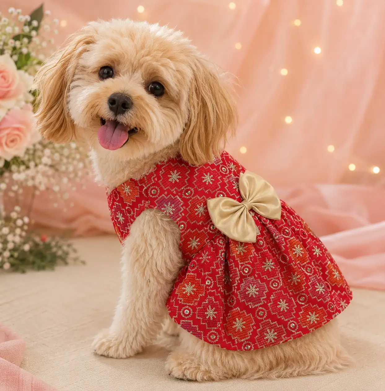Red Patola Festive Dress For Dogs