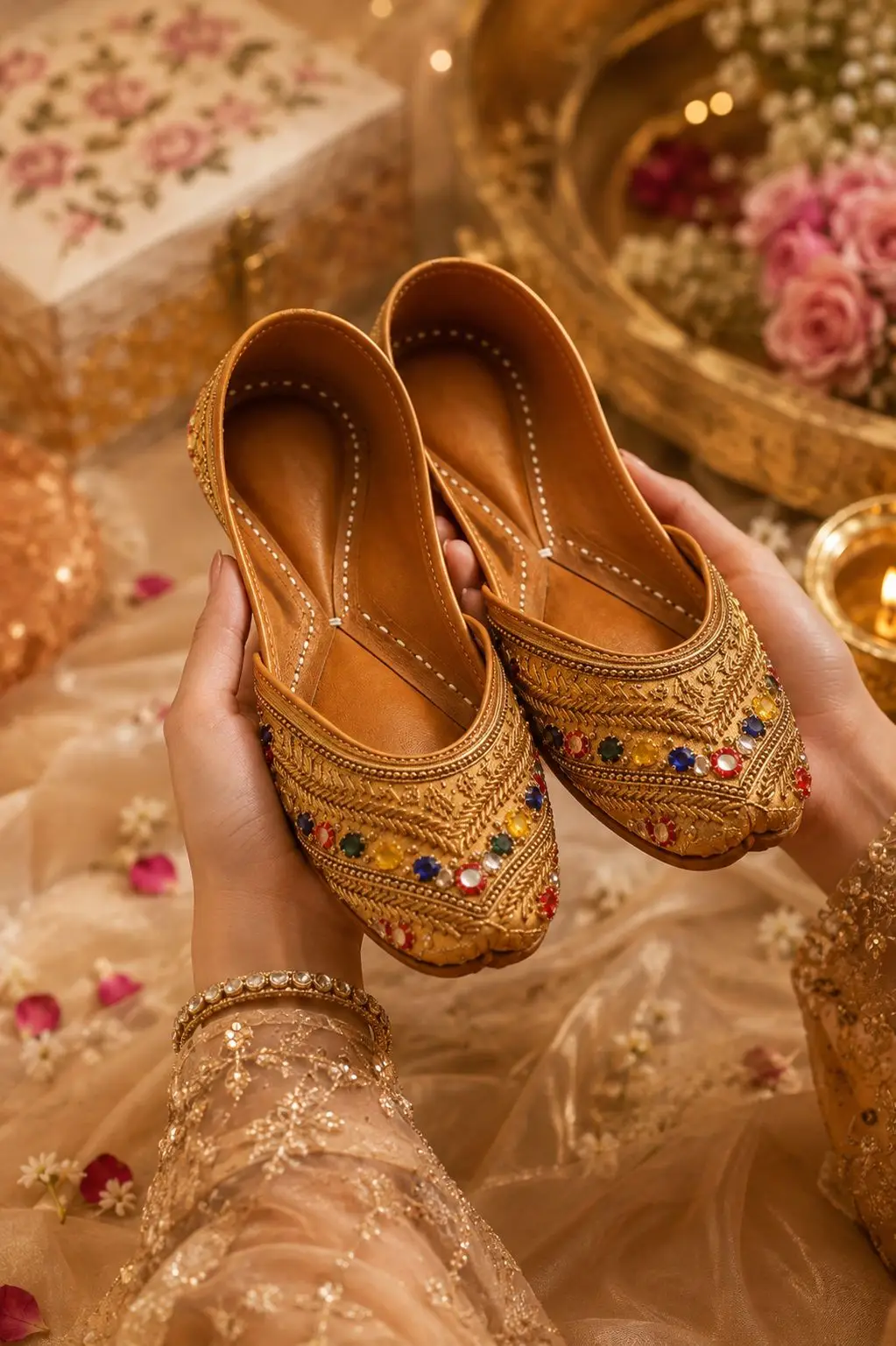 Golden Navratan Embroidered Jutti