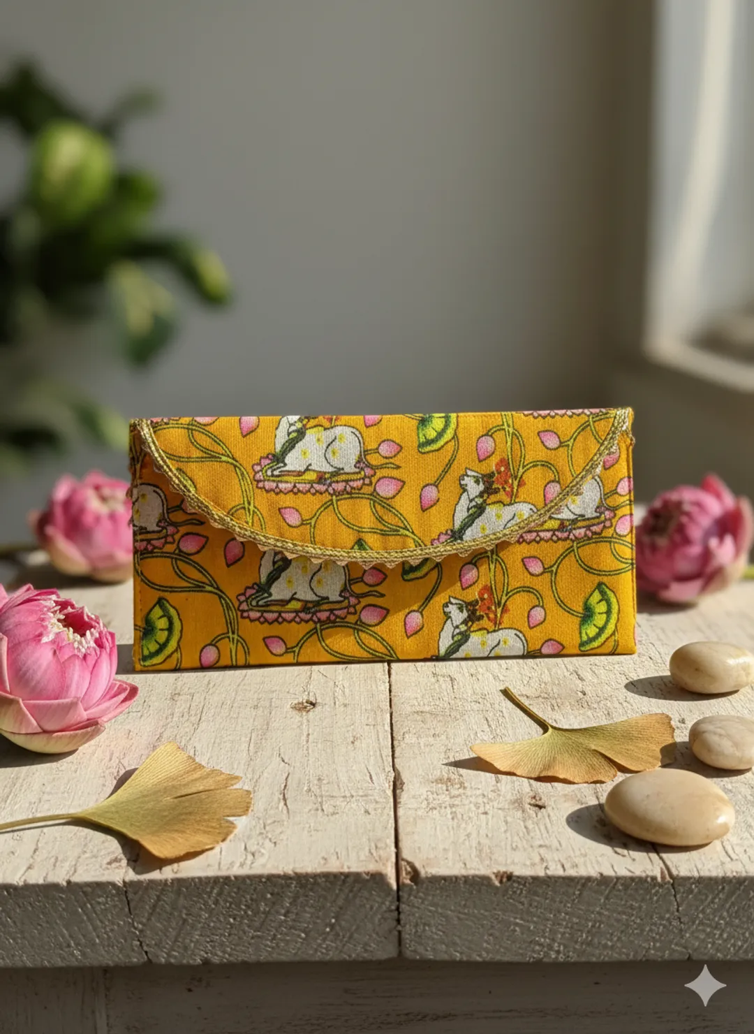 Yellow Floral Print Fabric Envelope Pouch