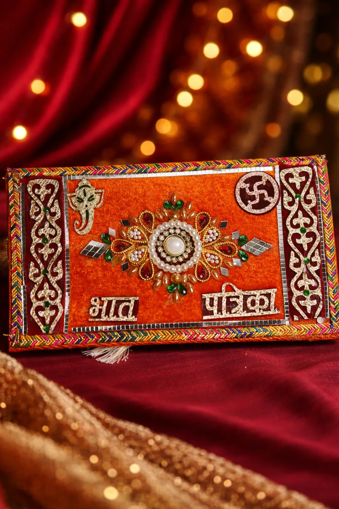 Orange Velvet Wedding Lagna Patrika