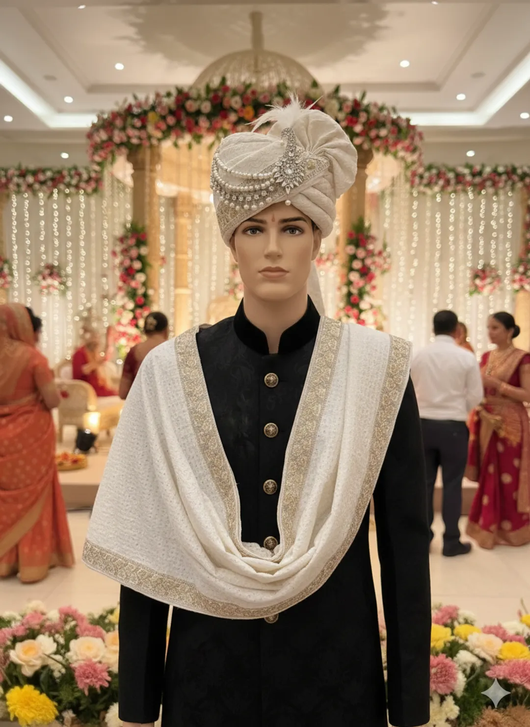 Pearl Embellished Pagri & Shawl Set