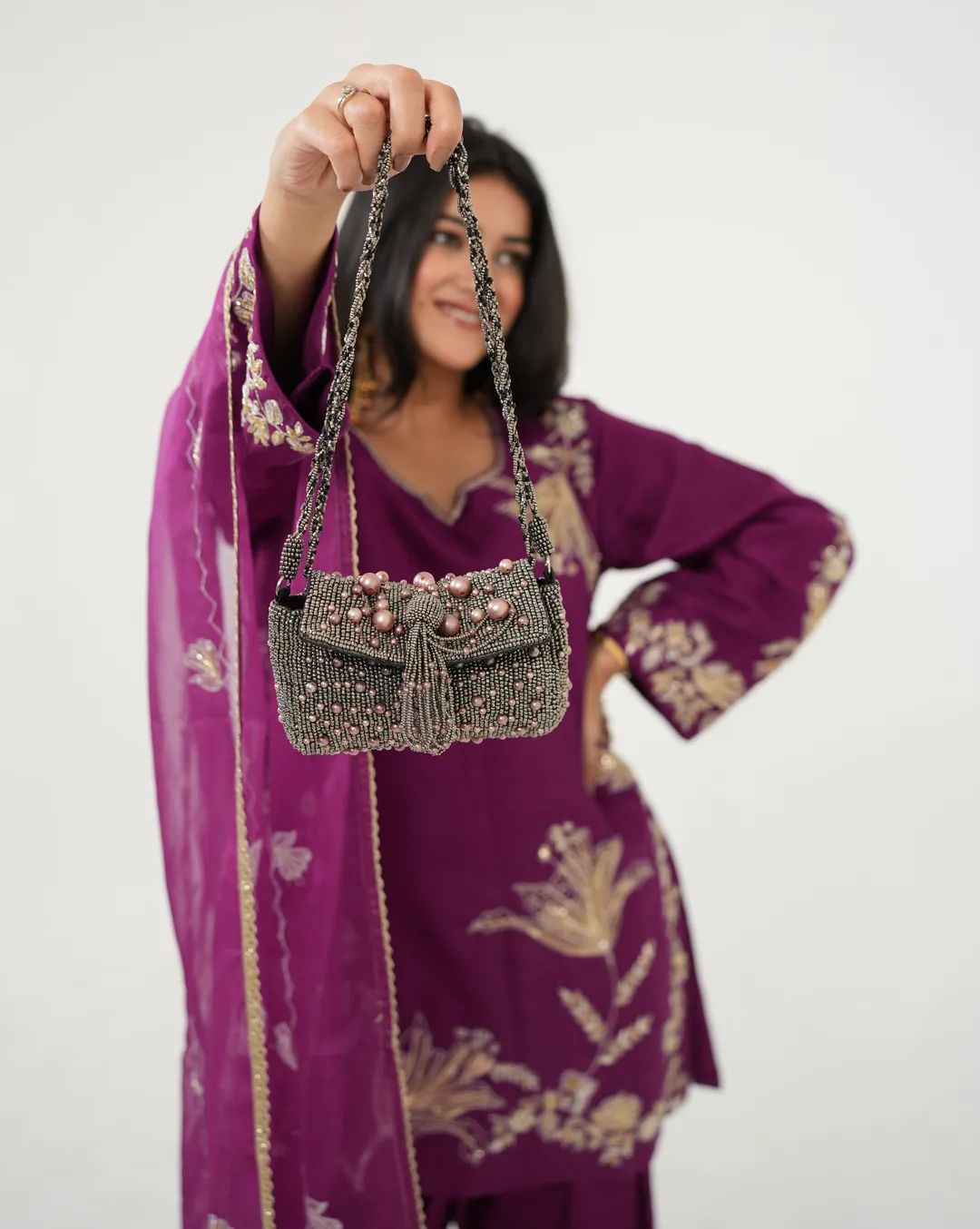 Beaded Sling Clutch with Pearl Detailing