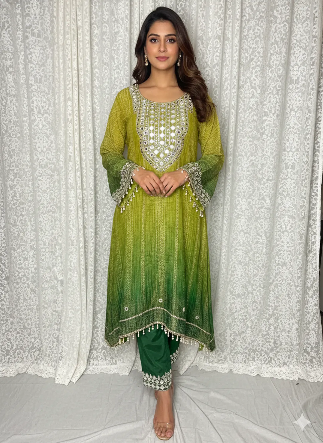 Green Ombre Embroidered Kurta Set