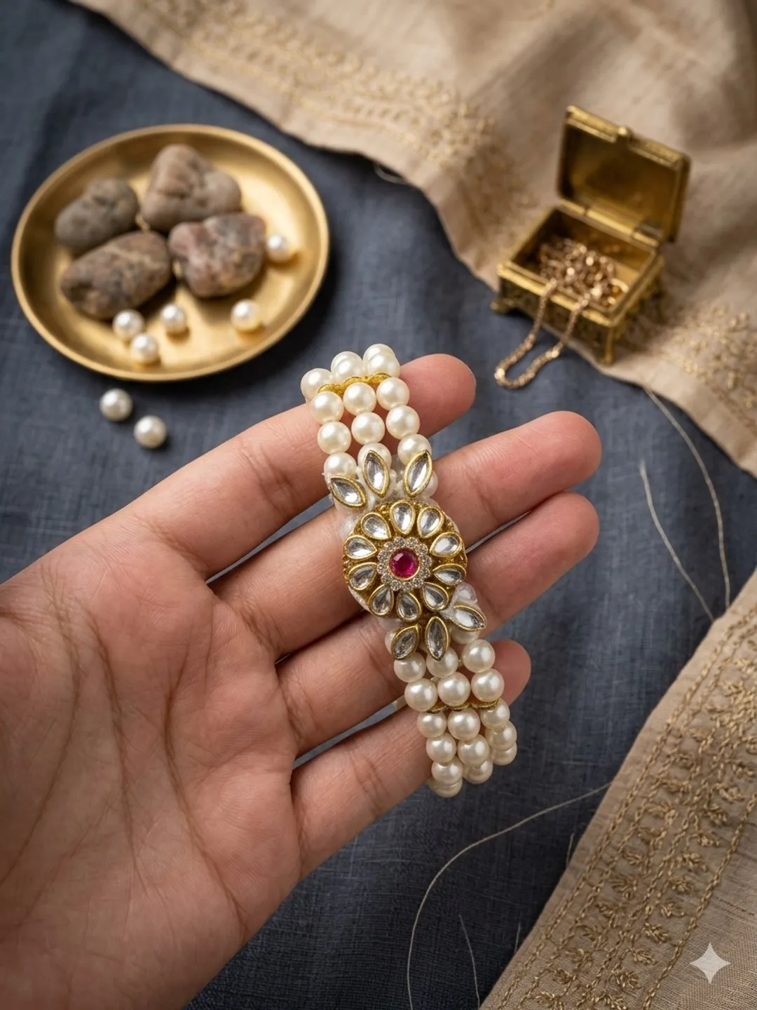 Royal Kundan Pearl Floral Bracelet