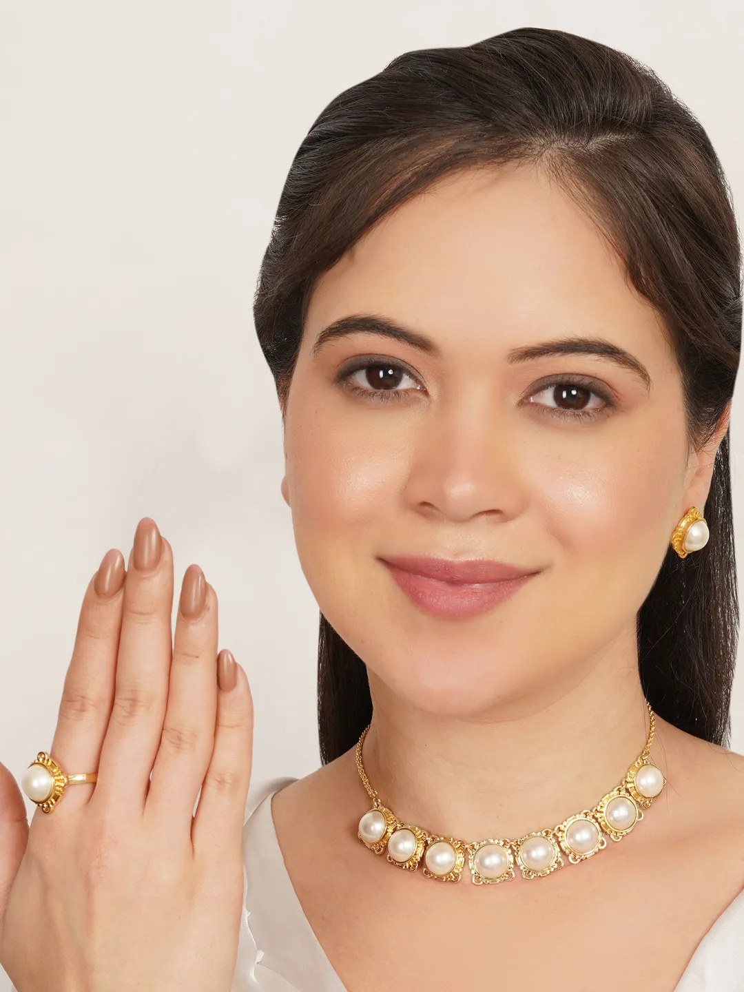 Royal Pearl Halo Necklace Set With Matching Earrings & Ring