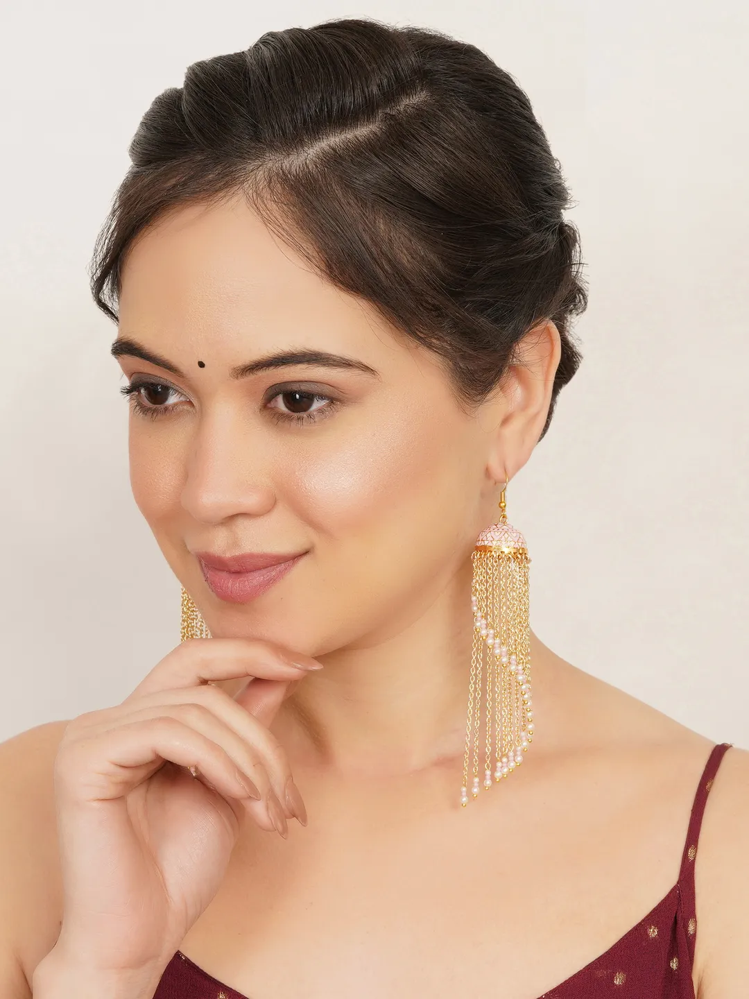 Light Pink Meenakari Jhumkas with Cascading Bead Strands Earrings