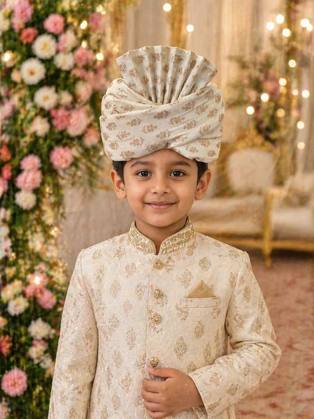 Cream-Gold Brocade Fan-Style Sarbala Pagdi