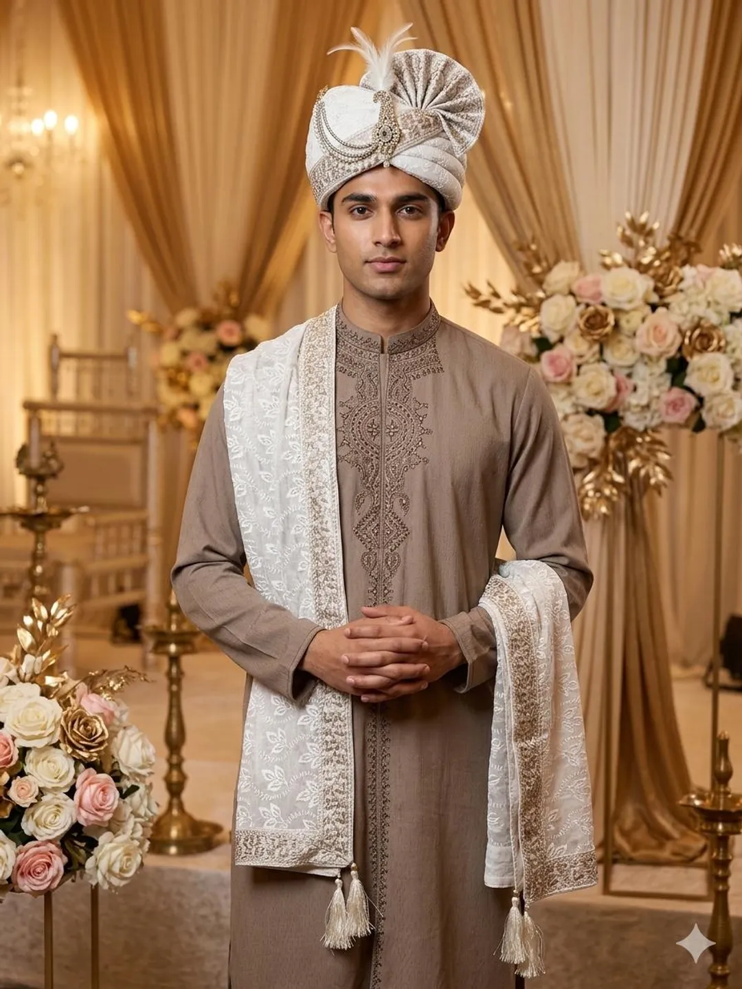 Royal Ivory Designer Pagdi Set with Pearl Kalgi & Dupatta