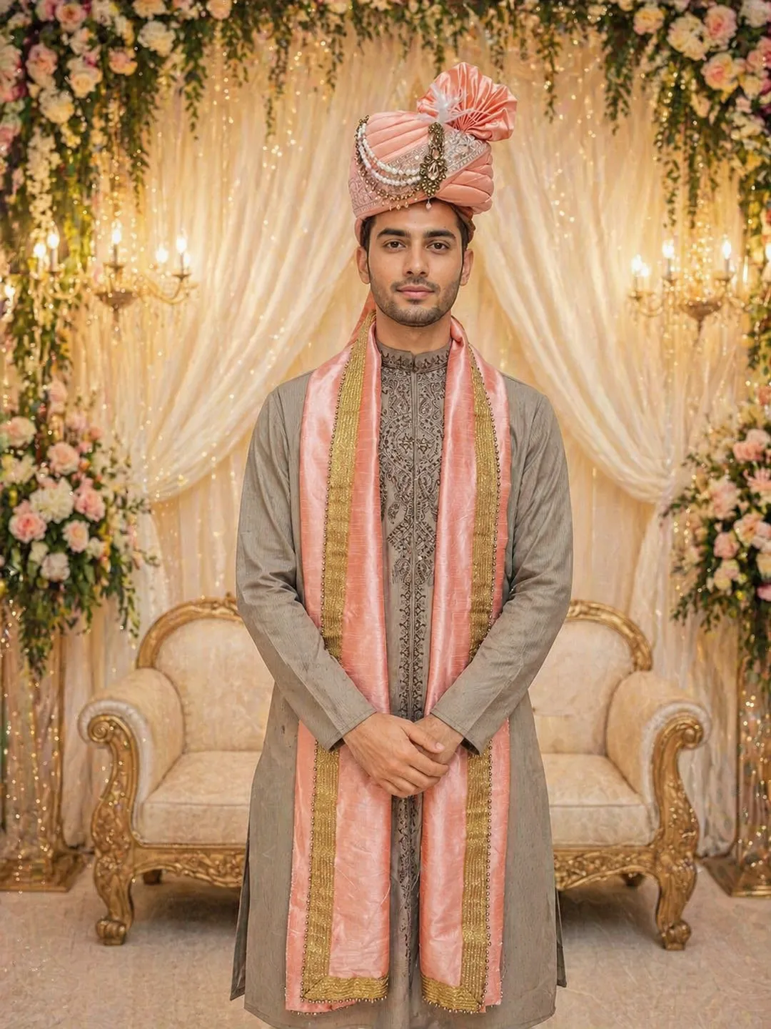 Peach Royal Draped Pagdi Set with Pearl Kalgi & Silk Dupatta