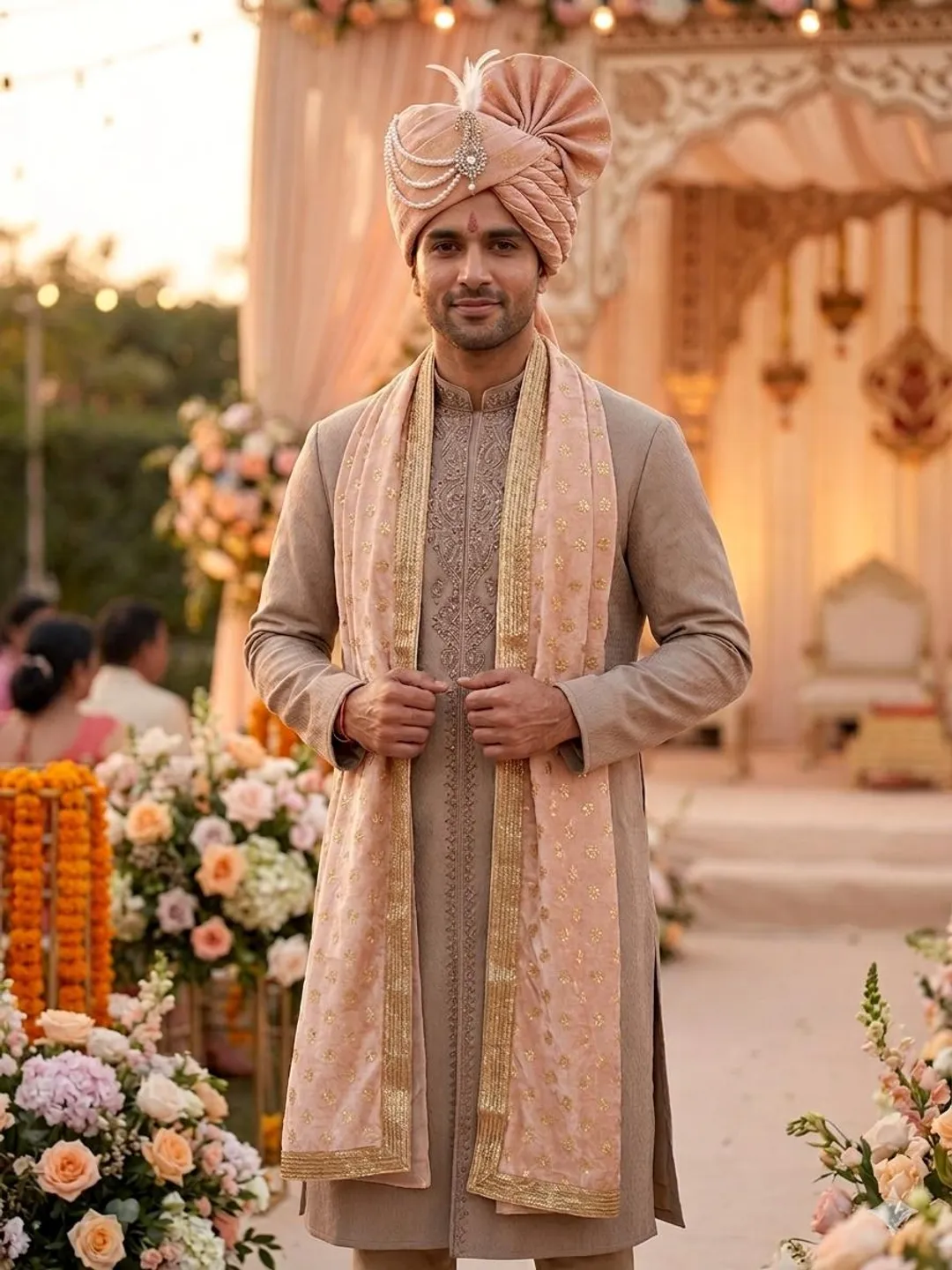 Royal Peach Silk Pagdi Set with Beaded Kalgi & Zari Dupatta