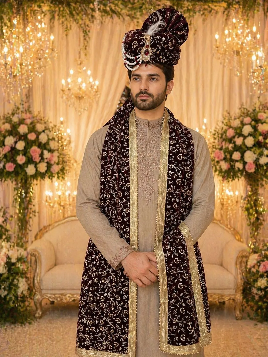 Royal Wine Embroidered Safa Set