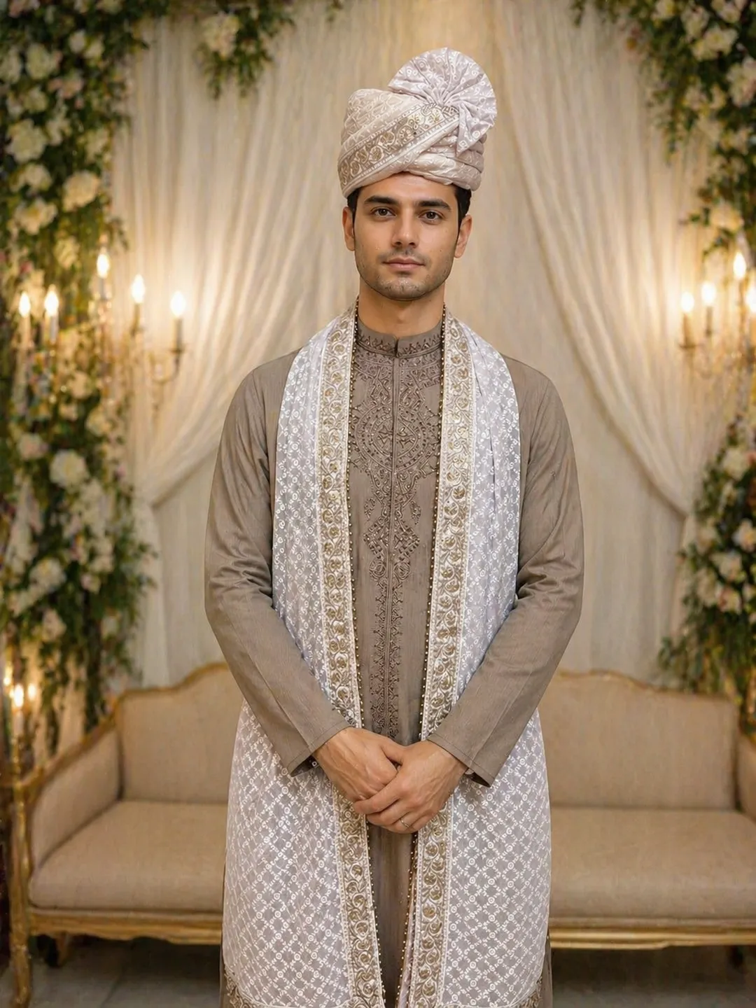 Elegant Champagne Embroidered Pagdi Set with Fan-Style Saaj & Jacquard Dupatta
