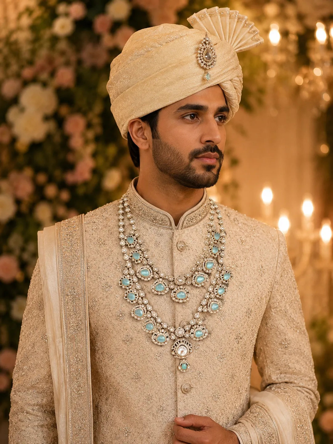 Regal Polki & Aqua Stone Layered Bridal Haar