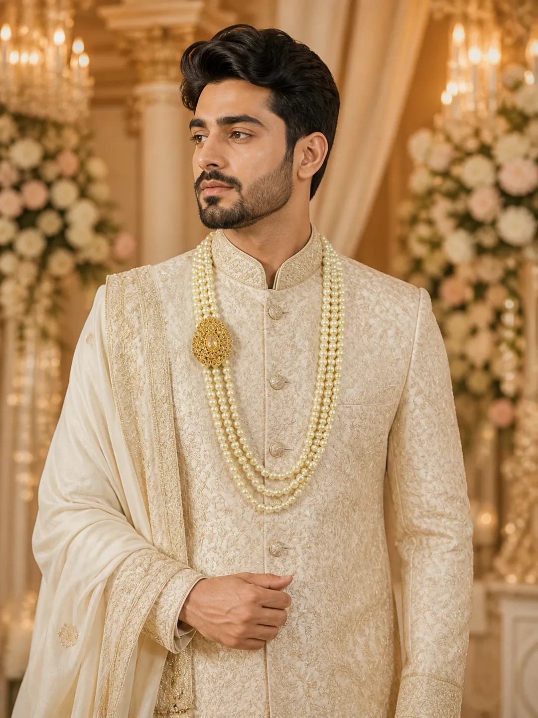Rajwadi Pearl Kundan Mala Necklace