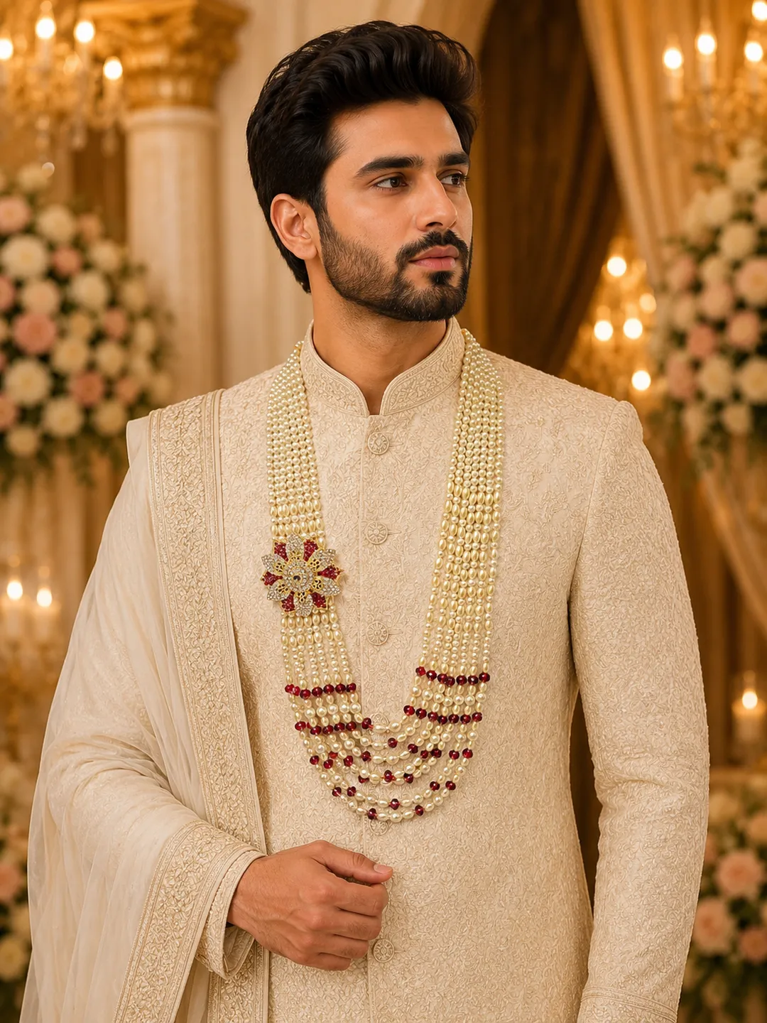 Maharaja Pearl Ruby Floral Groom Mala