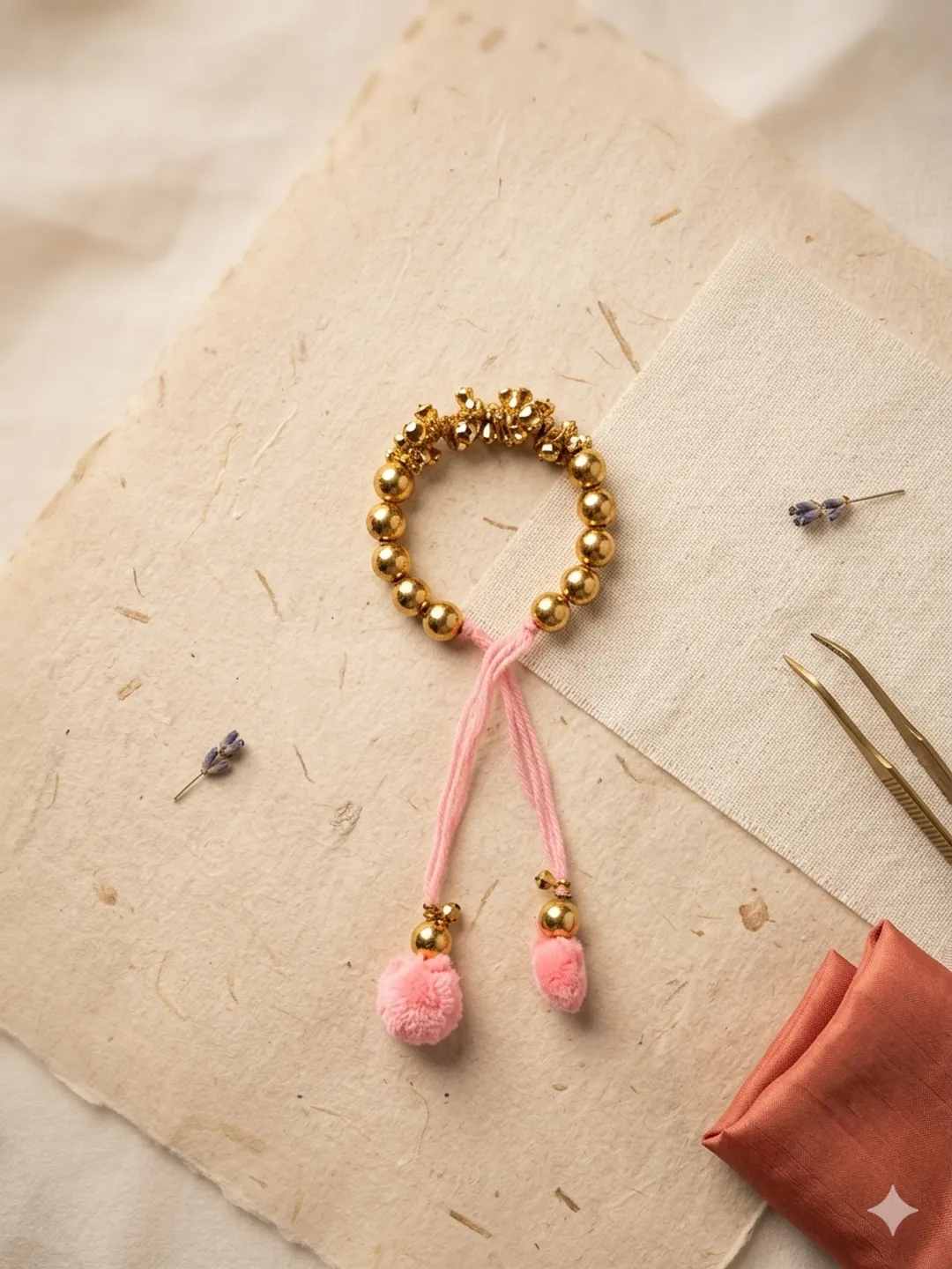 Beaded Bangle with Pink Pom-Pom Tassels