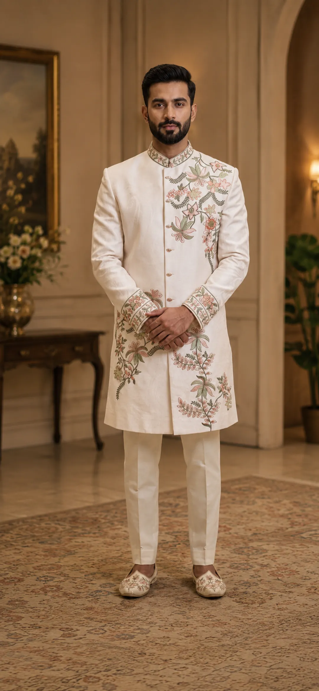 White Embroidered Sherwani Set