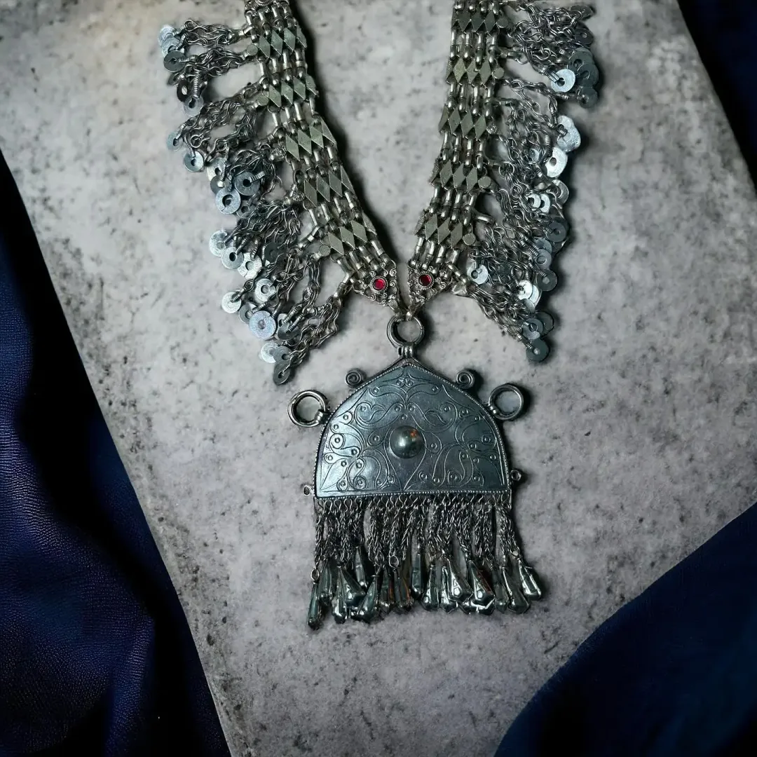 Hand-carved Long Silver Afghani Necklace