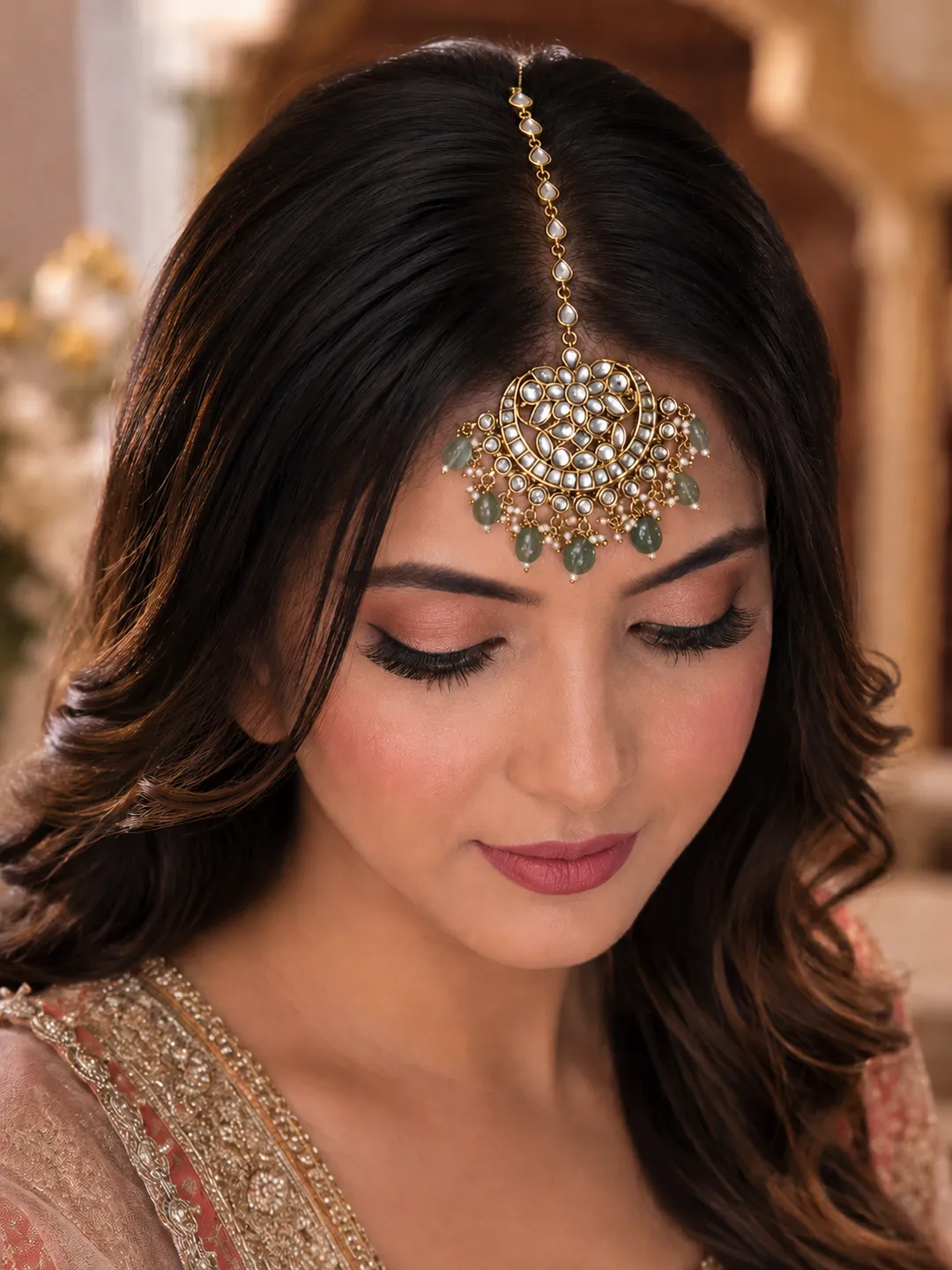 Noor-e-Kundan Green Drop Maang Tikka