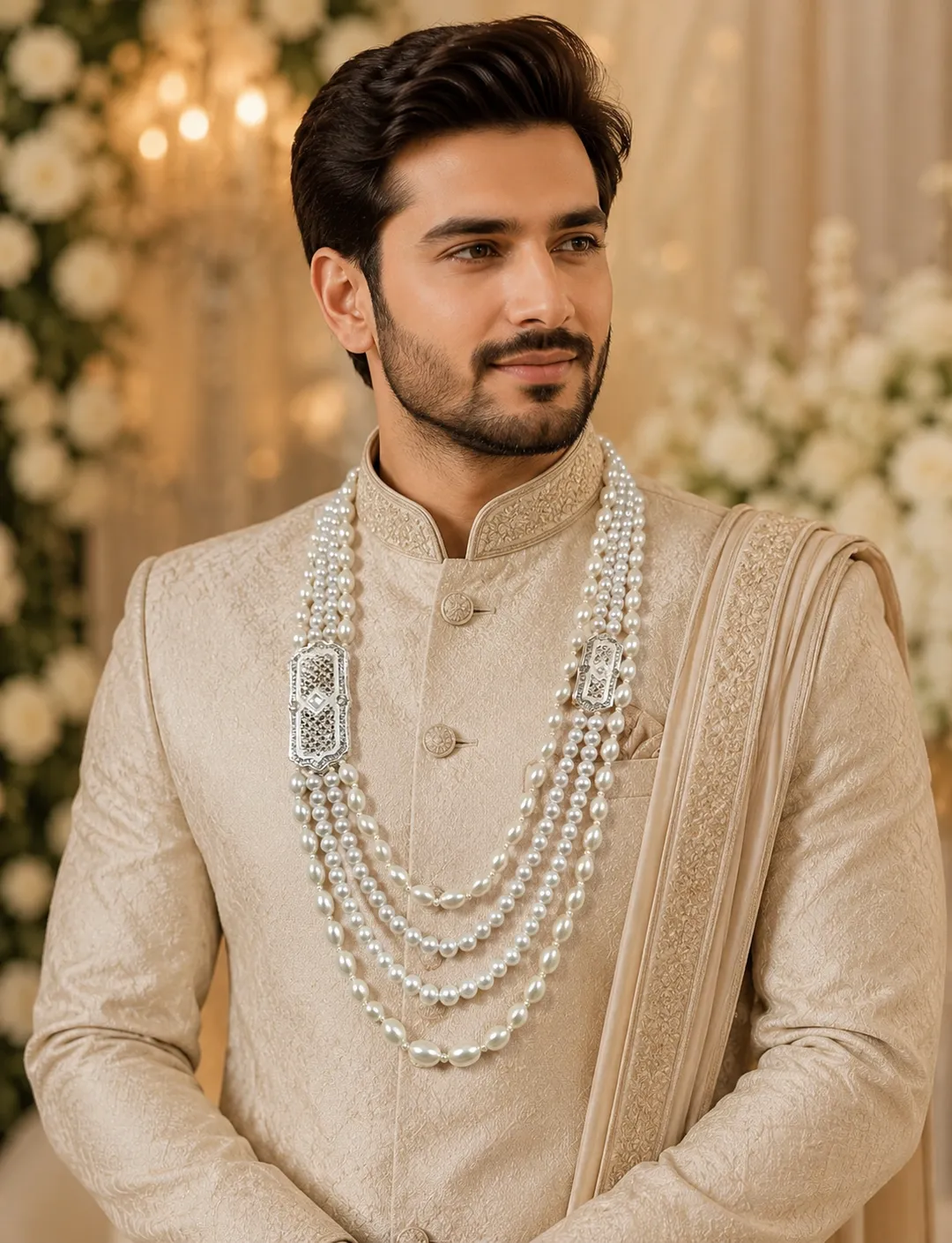 White Premium Pearl Sherwani Mala