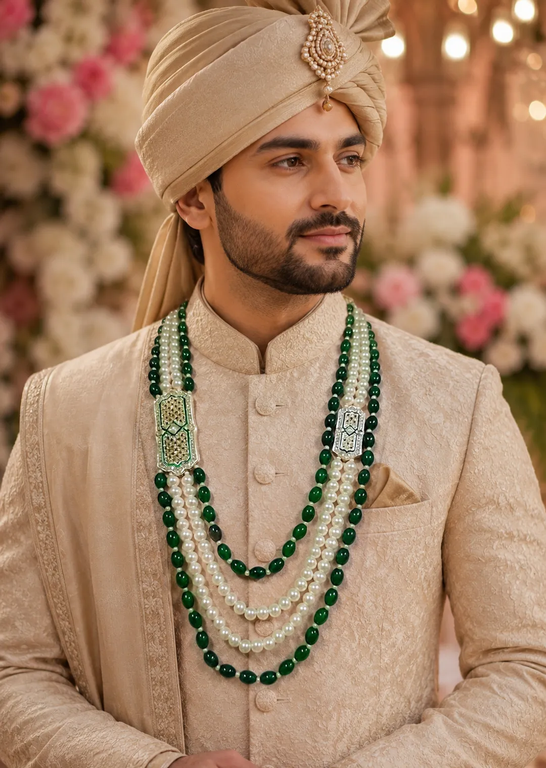 Green Premium Pearl Sherwani Mala