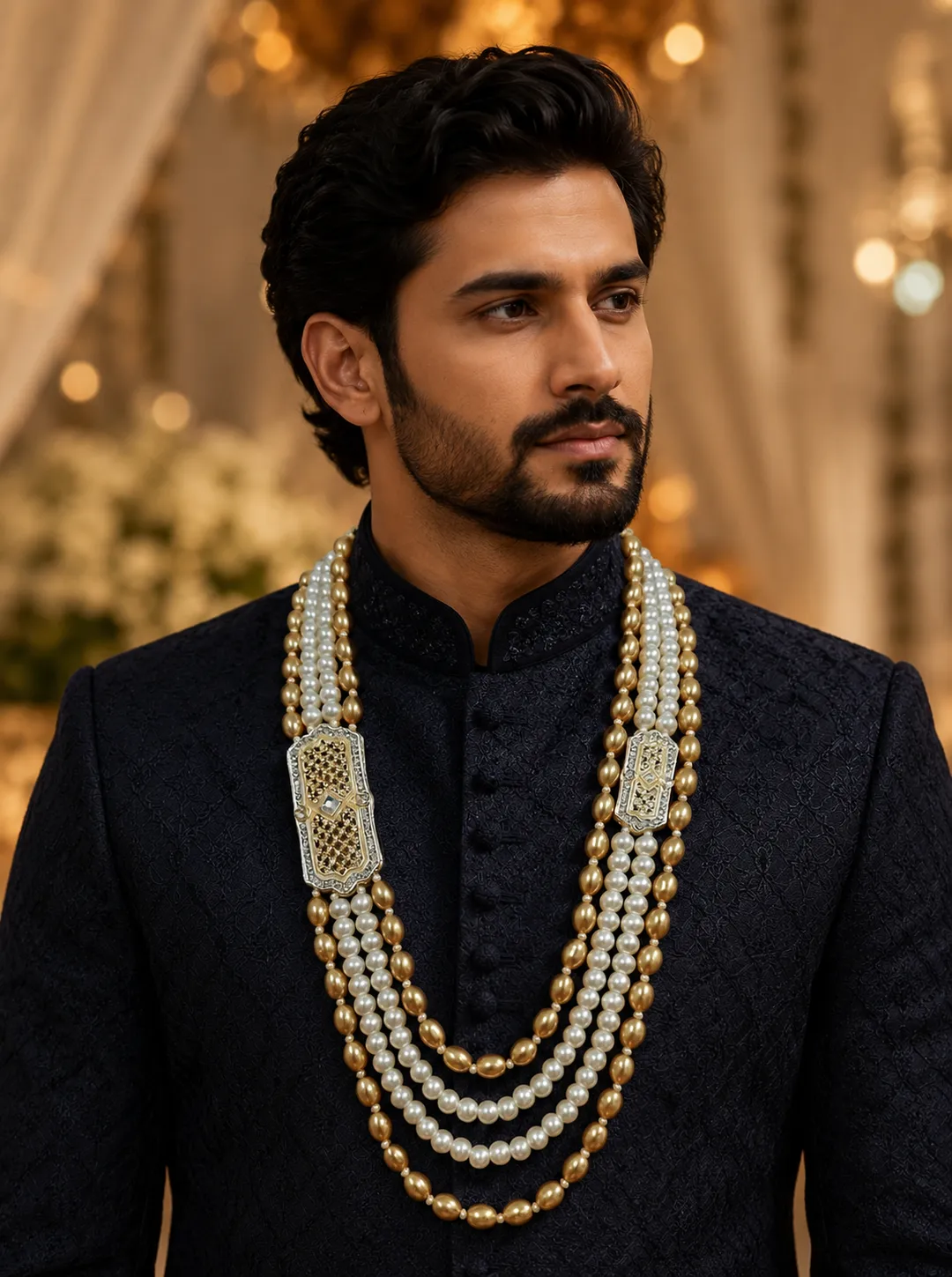 Golden Premium Pearl Sherwani Mala