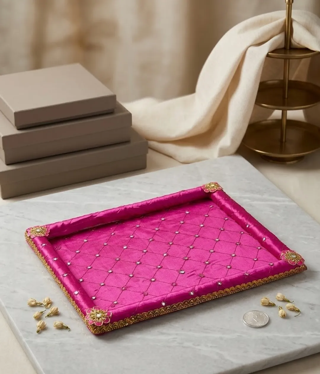 Pink Mirror-Work Shagun Tray