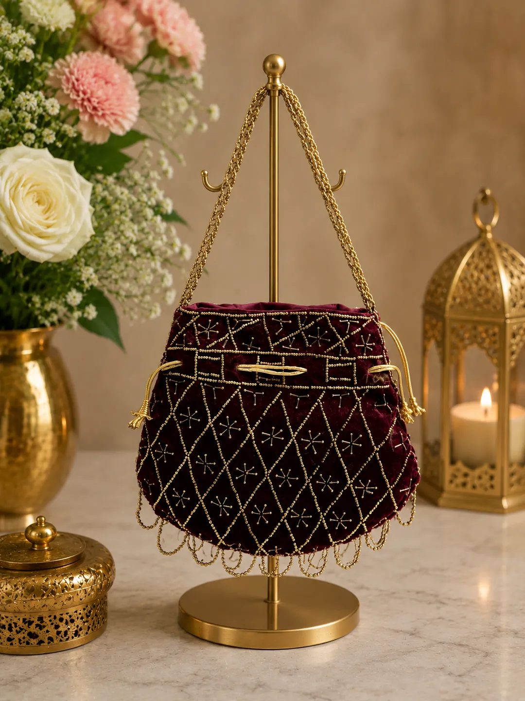 Maroon Velvet Royale Potli (Pack Of 10)