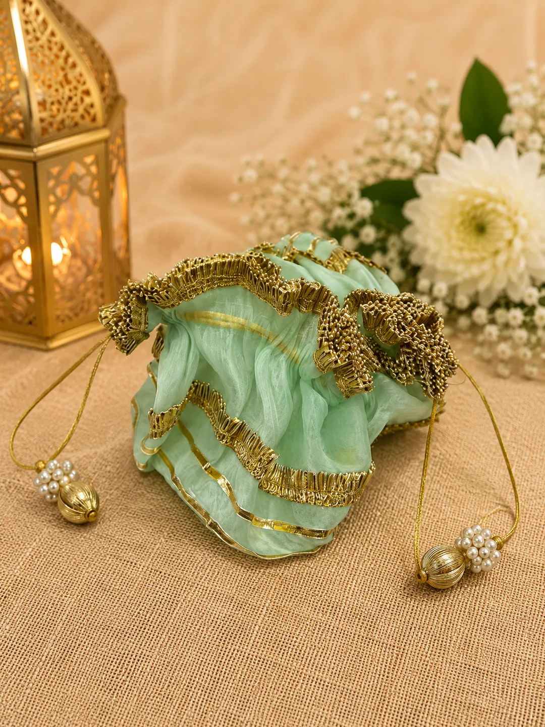 Mint Pearl Ruffle Potli (Pack of 5)