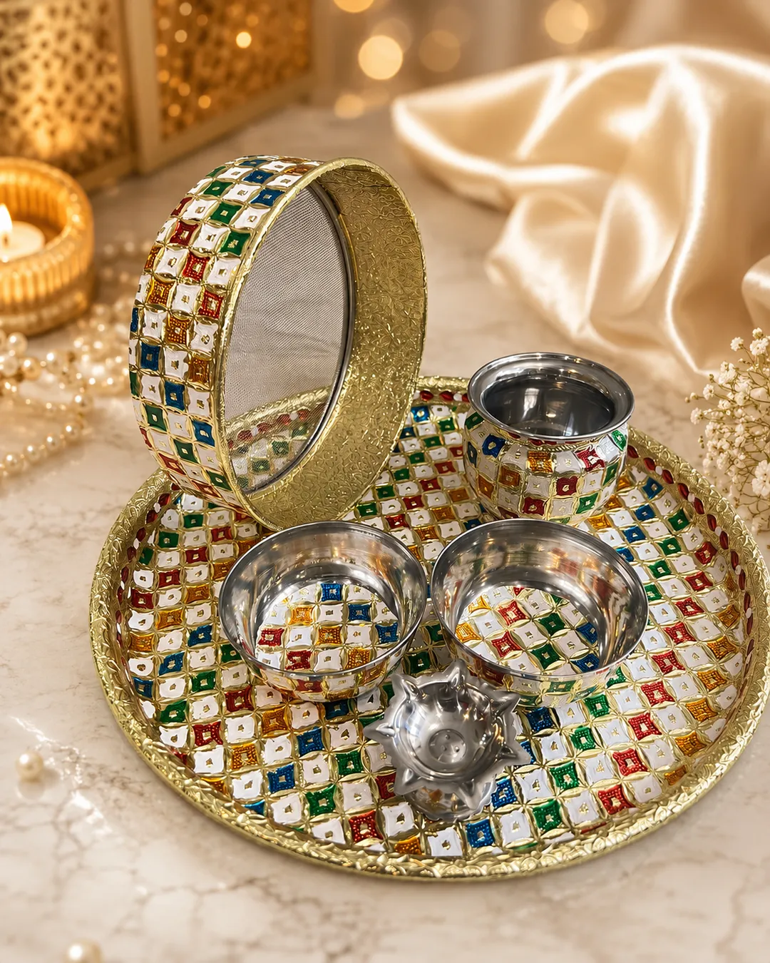 Multicoloured Karwa Chauth Thali Set