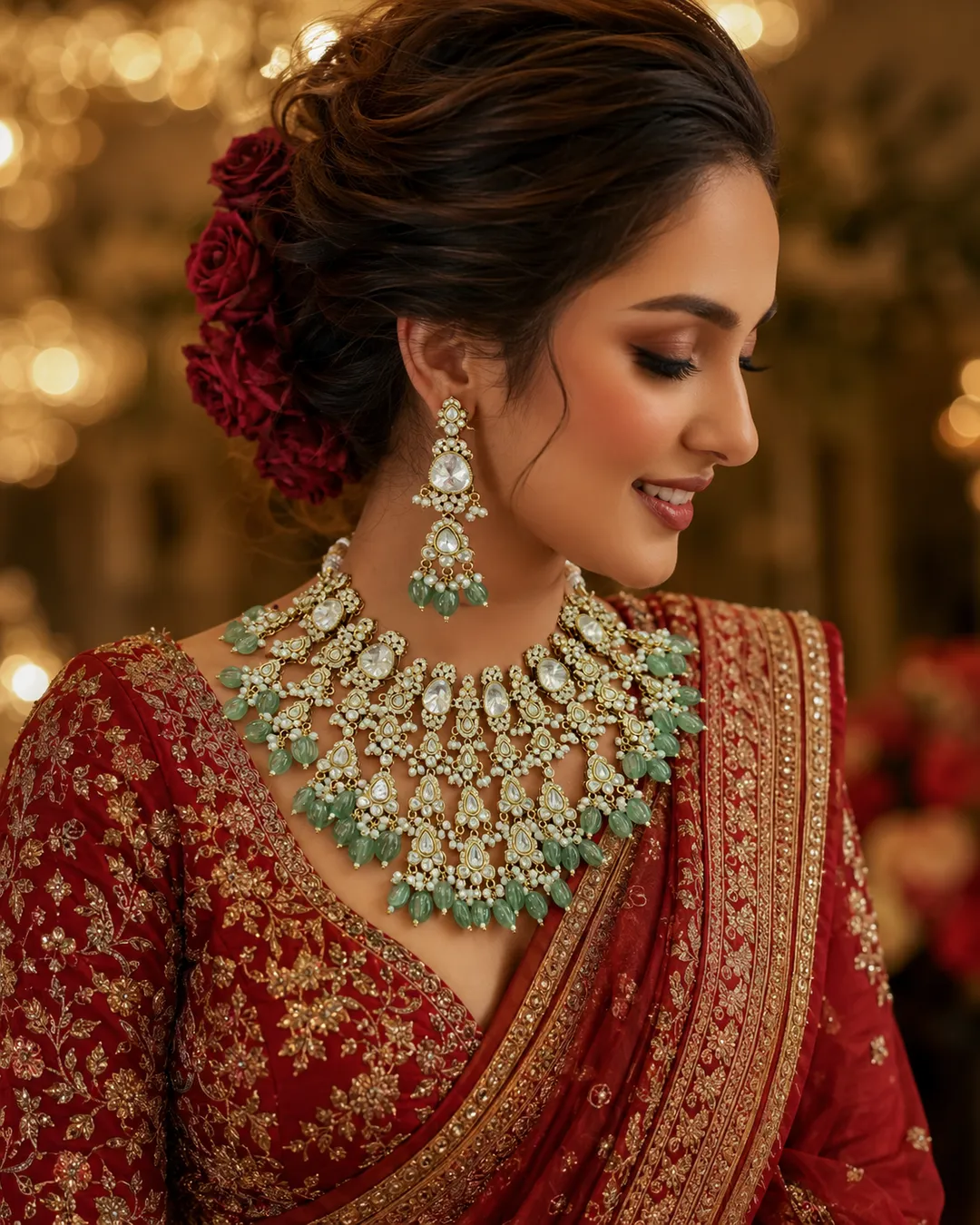 Emerald Cascade Polki Bridal Necklace Set