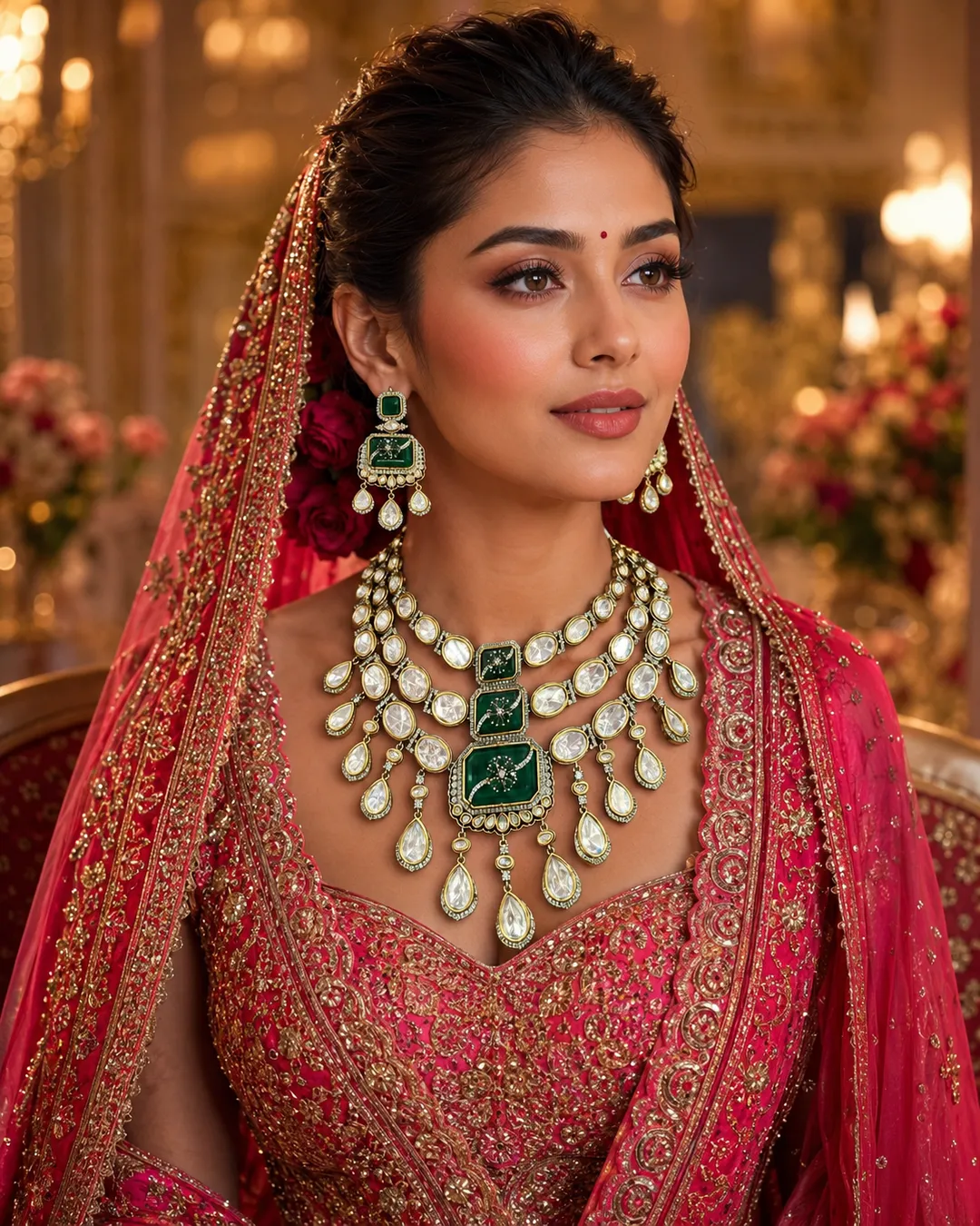 Emerald Royale Polki Layered Bridal Necklace Set