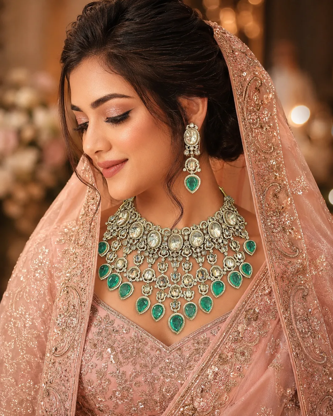 Ocean Emerald Polki Cascade Bridal Necklace Set